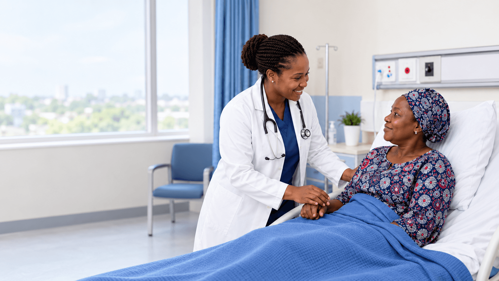 A Berith Specialist Hospital doctor sitting with a patient at her bedside